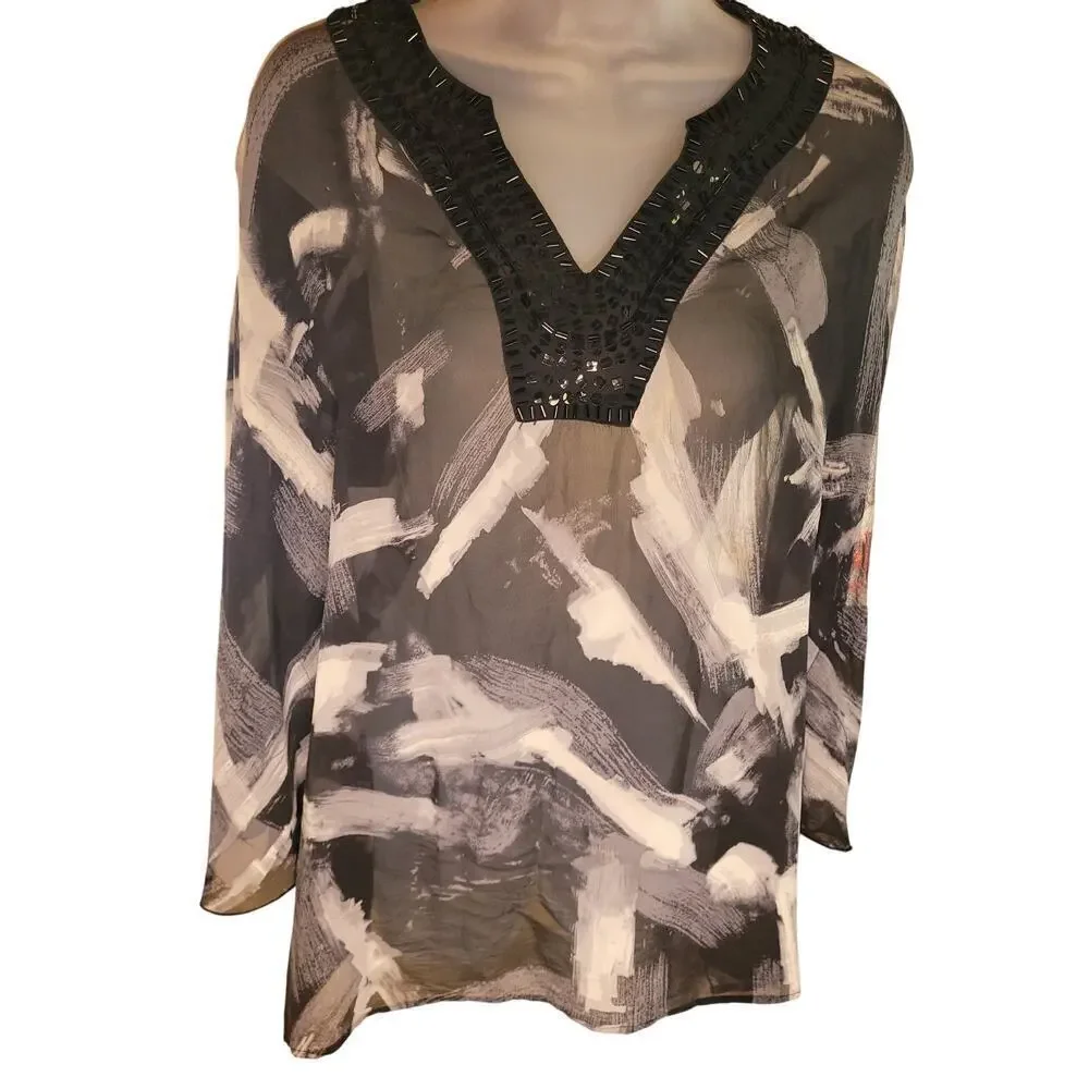 Chico's Women Blouse Blk/White Dolman Sleeve Sheer Silk Sparkle Neck Sequin Sz 1 - Picture 3 of 4